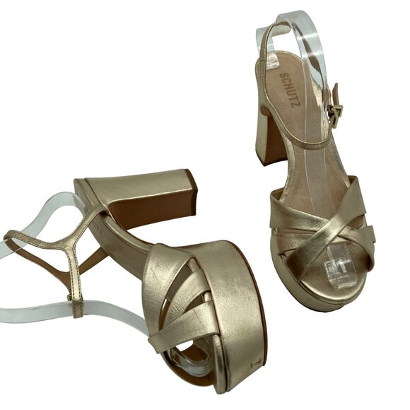 SCHUTZ Keefa Gold Leather Platform Sandals - Picture 1 of 8